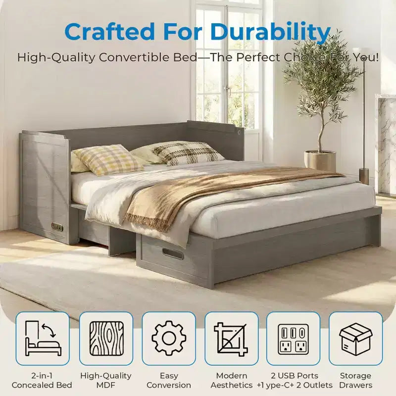 Mjkone Queen Size Convertible Murphy Cabinet Bed with USB Charging, Storage Drawers,No Mattress Included