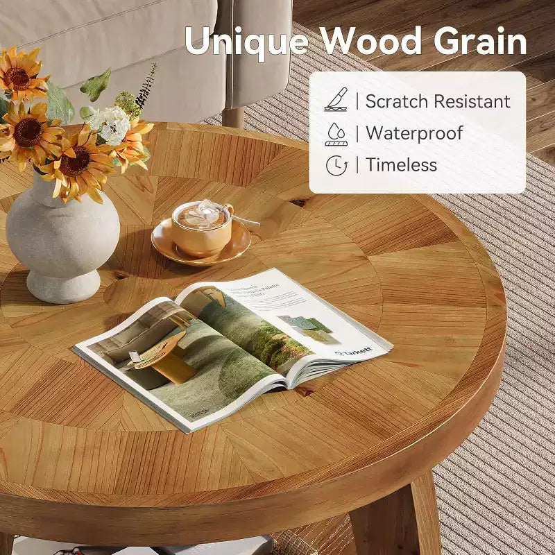 Lantine Solid Wood Round Coffee Table, 2-Tier Center Table with Storage, 31.5 Inch Tabletop with Mosaic Pattern, Easy Assembly, for Living Room, Brown