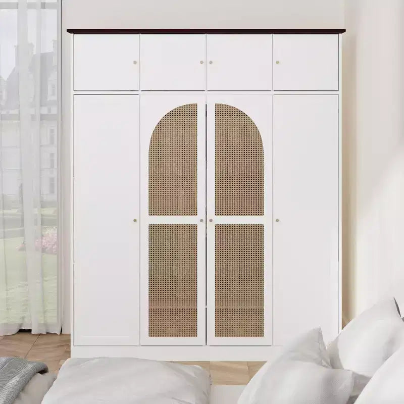 70.87Tall 8-Door Large Capacity Armoire Wardrobe Closet with Hanging Rod, Adjustable Shelves and Rattan Decorative Doors
