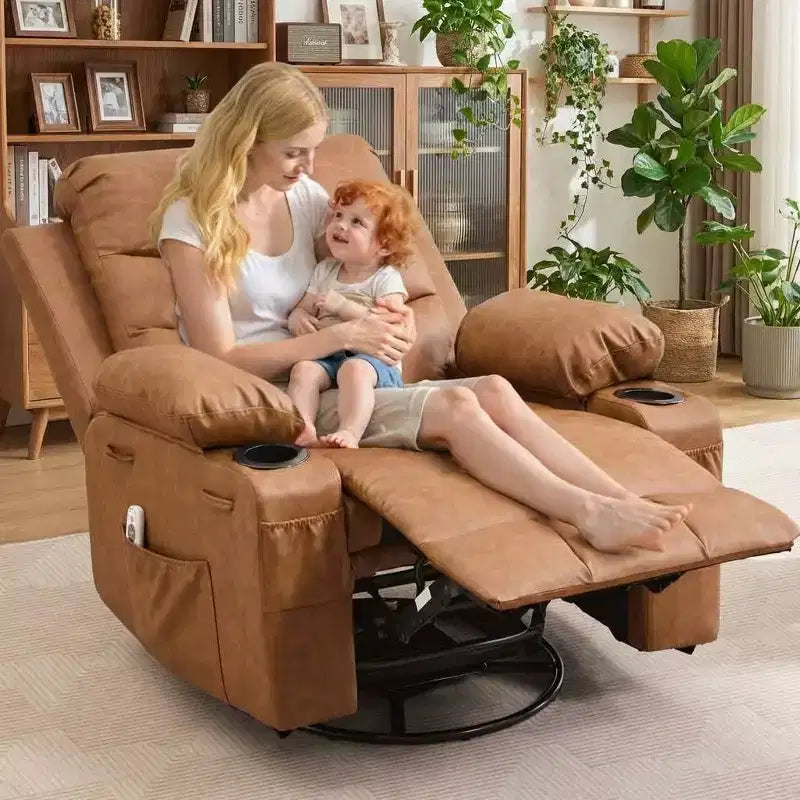 Oversized 360 Swivel Rocker Recliner with Massage & Heat - Ergonomic Lounge Chair with Cup Holders, Side Pockets for Living Room, Nursery