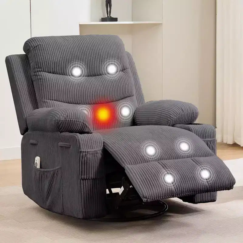 Oversized 360 Swivel Rocker Recliner with Massage & Heat - Ergonomic Lounge Chair with Cup Holders, Side Pockets for Living Room, Nursery