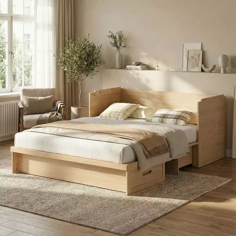 Mjkone Queen Size Convertible Murphy Cabinet Bed with USB Charging, Storage Drawers,No Mattress Included