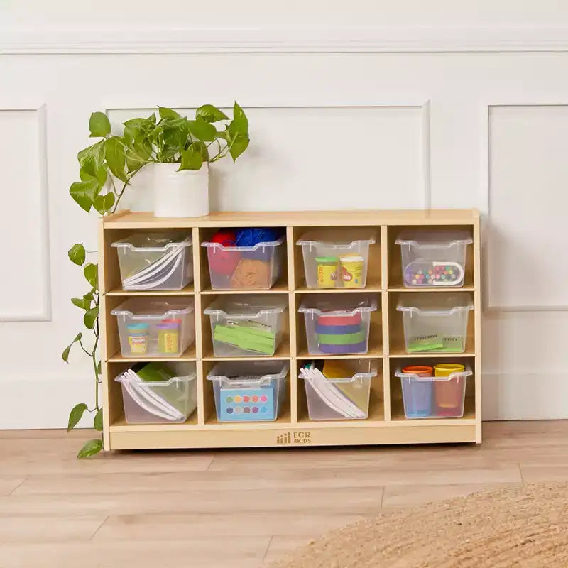 Cubby Mobile Tray Cabinet and 15 Scoop Front Bins, 3x4, Kids Furniture