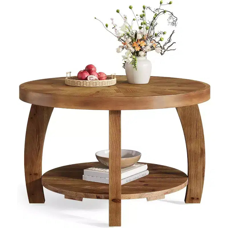 Lantine Solid Wood Round Coffee Table, 2-Tier Center Table with Storage, 31.5 Inch Tabletop with Mosaic Pattern, Easy Assembly, for Living Room, Brown