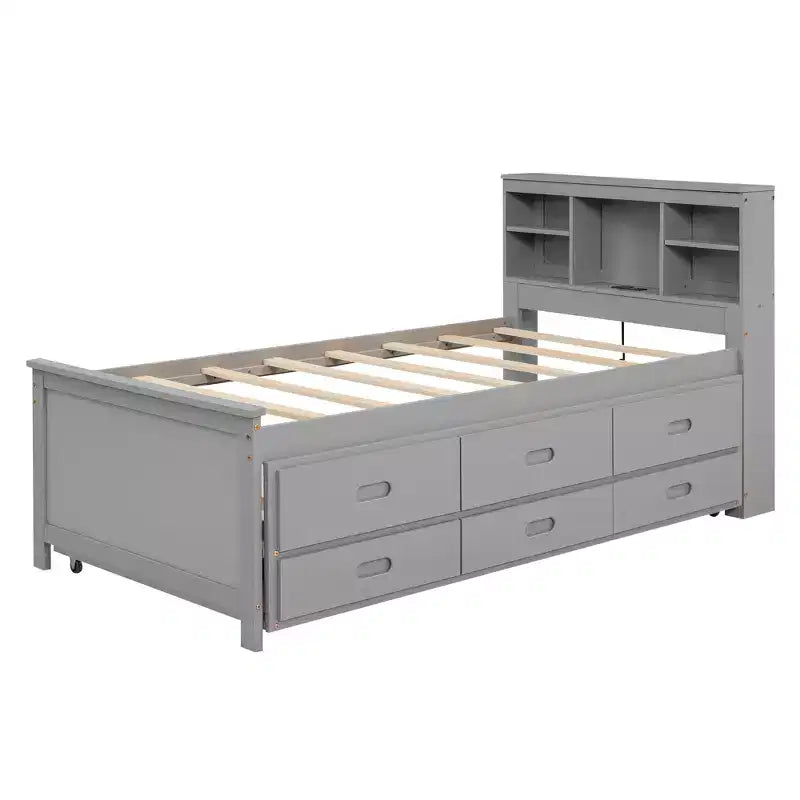 Platform Bed with Trundle and Drawers, Storage Platform Bed with USB, Wood Platform Bed with Bookcase