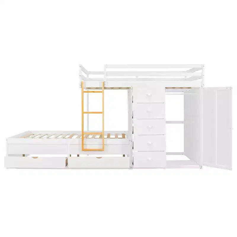 Full over Full Bunk Bed with Storage Wardrobe and Drawers, Full Size Wood Space-Saving Bunk Bed with Guardrail for Apartment, Bedroom