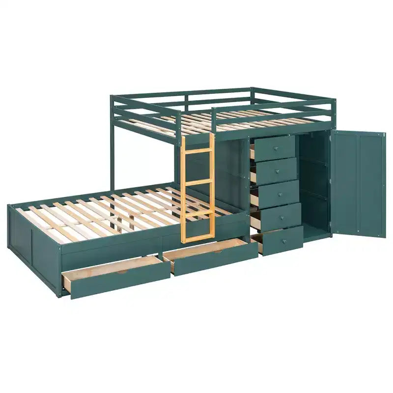 Full over Full Bunk Bed with Storage Wardrobe and Drawers, Full Size Wood Space-Saving Bunk Bed with Guardrail for Apartment, Bedroom