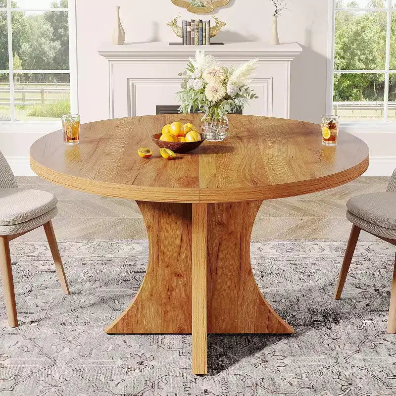 Lantine 47.24-Inch Round Dining Table for 4-6, Farmhouse Kitchen Table with Pedestal Base, Small Dinner Table for Dining Room, Living Room, Brown