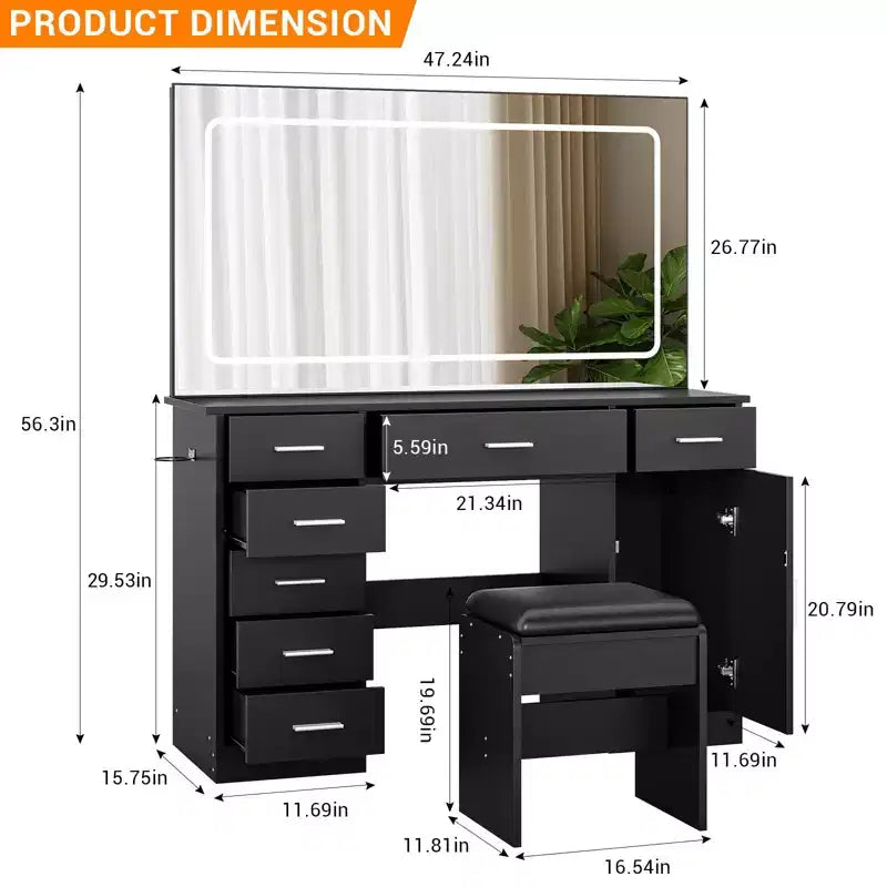 Modern Vanity Desk with Large Mirror, 7 Drawers, LED Lights, Chair, 3 Light Modes, Hair Dryer Holder and Charging Station for Bedroom