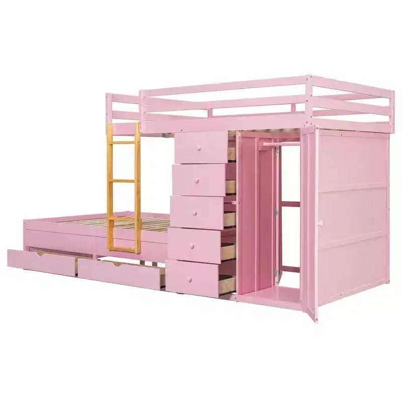 Full over Full Bunk Bed with Storage Wardrobe and Drawers, Full Size Wood Space-Saving Bunk Bed with Guardrail for Apartment, Bedroom