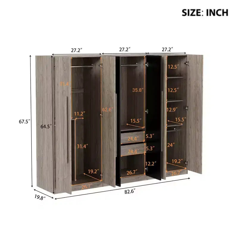 83W 6 Door Wardrobe Clothing Armoire Closet Storage Cabinet with 2 Drawers, Hanging Rails and Storage Shelves, Black+Natural-ModernLuxe
