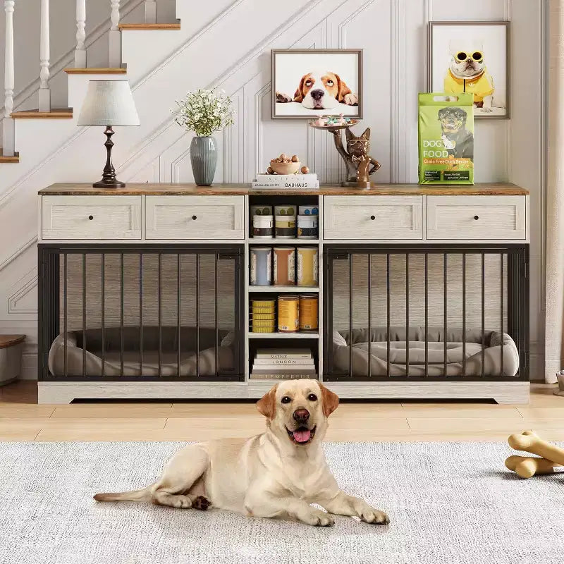 82 Double Dog Crate Furniture, Large Dog Kennel Indoor for 2 Dogs, Heavy Duty Wooden Dog Crate TV Stand with 4 Drawers and Shelves