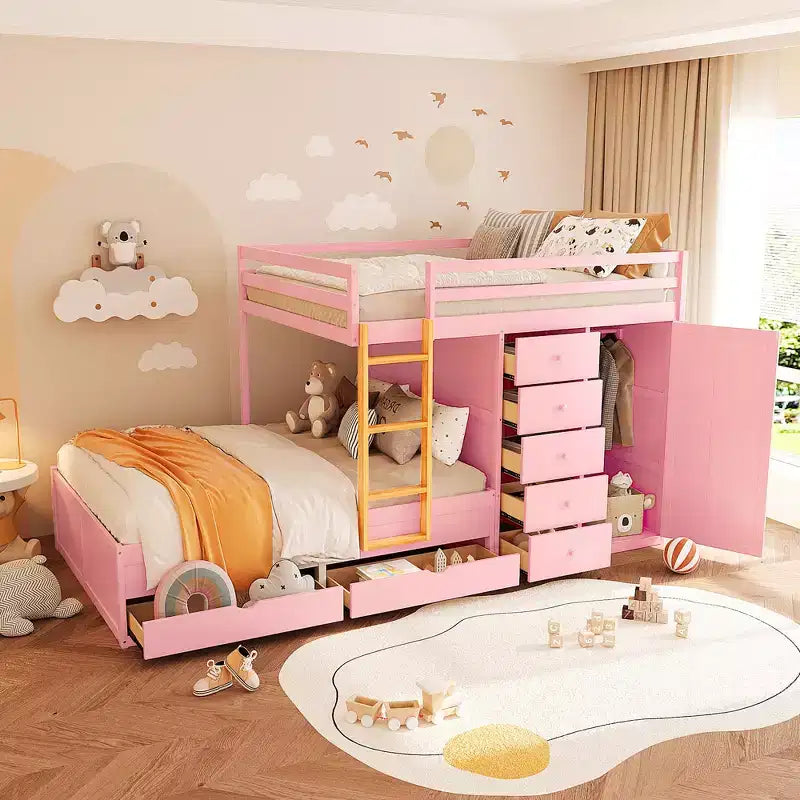 Full over Full Bunk Bed with Storage Wardrobe and Drawers, Full Size Wood Space-Saving Bunk Bed with Guardrail for Apartment, Bedroom