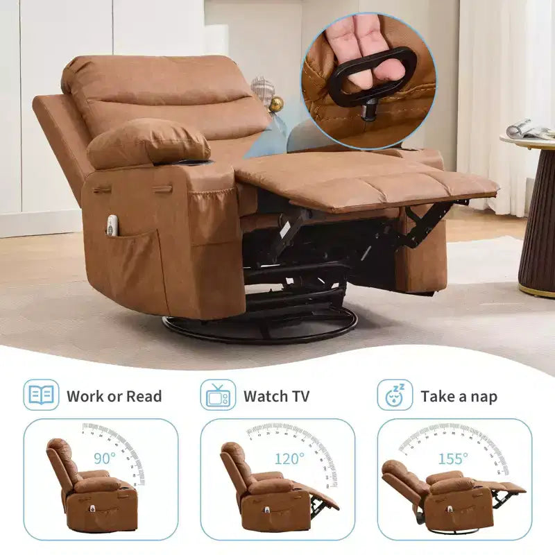Oversized 360 Swivel Rocker Recliner with Massage & Heat - Ergonomic Lounge Chair with Cup Holders, Side Pockets for Living Room, Nursery