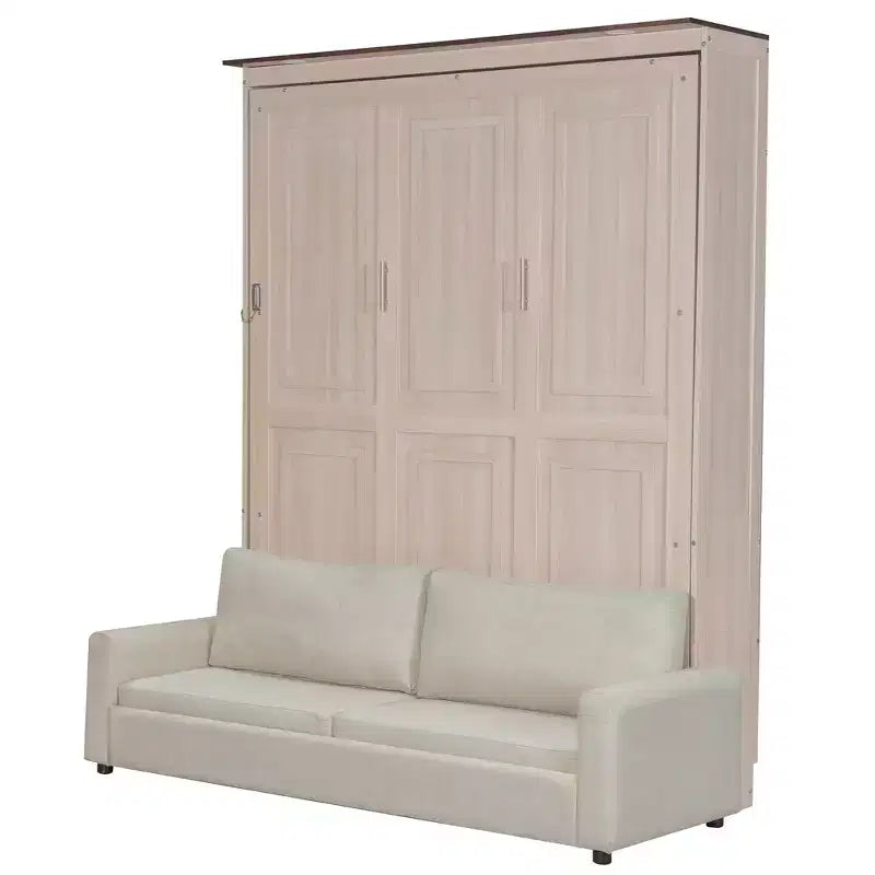 Queen Size Murphy Bed with Sofa, Wooden Queen Cabinet Bed Wall Bed with LED Light, Folding Wall Chest Bed with for Guest Room, Beige