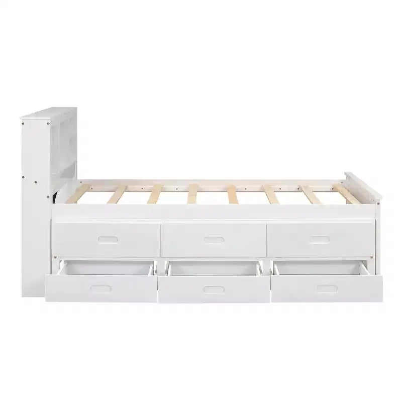Platform Bed with Trundle and Drawers, Storage Platform Bed with USB, Wood Platform Bed with Bookcase