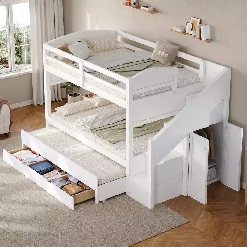 Whisen Twin XL Bunk Bed Frame with Trundle, Bunk Bed with Storage, Bunk Bed with Solid Wood, Storage Staircase, Wardrobe, 3Drawer, for Kids