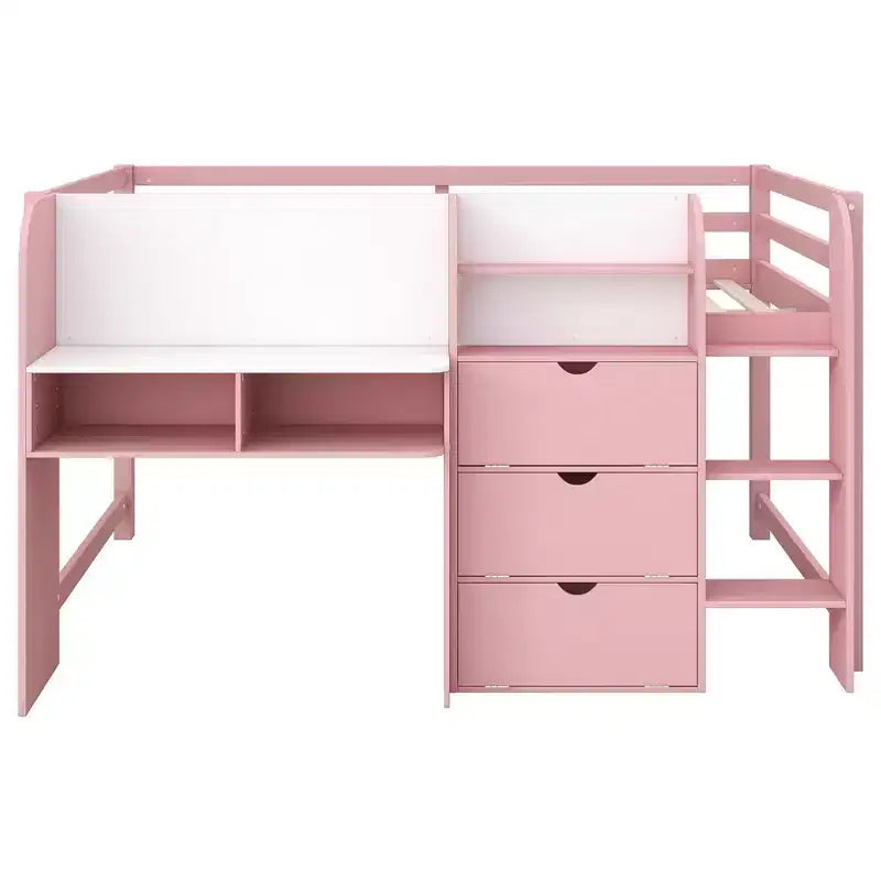 Pink/White Low Loft Bed with Desk, Storage & Whiteboard ¨C Twin, 1-Person