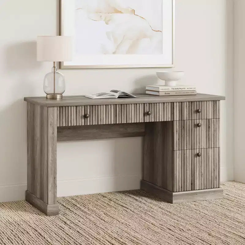 Fluted Home Office Desk Storage, 54 Modern Executive Desk with Charging Station, Wooden Computer Writing Desk with File Drawers for Study Room