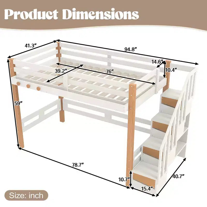 Modern Loft Bed with Clothes Hook, Storage Shelves and Underbed Space