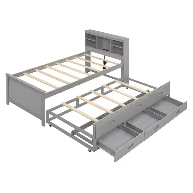 Platform Bed with Trundle and Drawers, Storage Platform Bed with USB, Wood Platform Bed with Bookcase