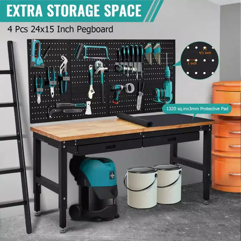 60 Inches Workbench, Rubber Wood Tabletop Work Table with 2 Drawers and Pegboard, 3000 LBS Heavy Duty Adjustable Height Work Bench with Power Outlets