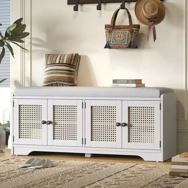 Whisen Rustic Wood Storage Bench, Entryway Shoe Bench with Removable Cushion, Adjustable Shelves