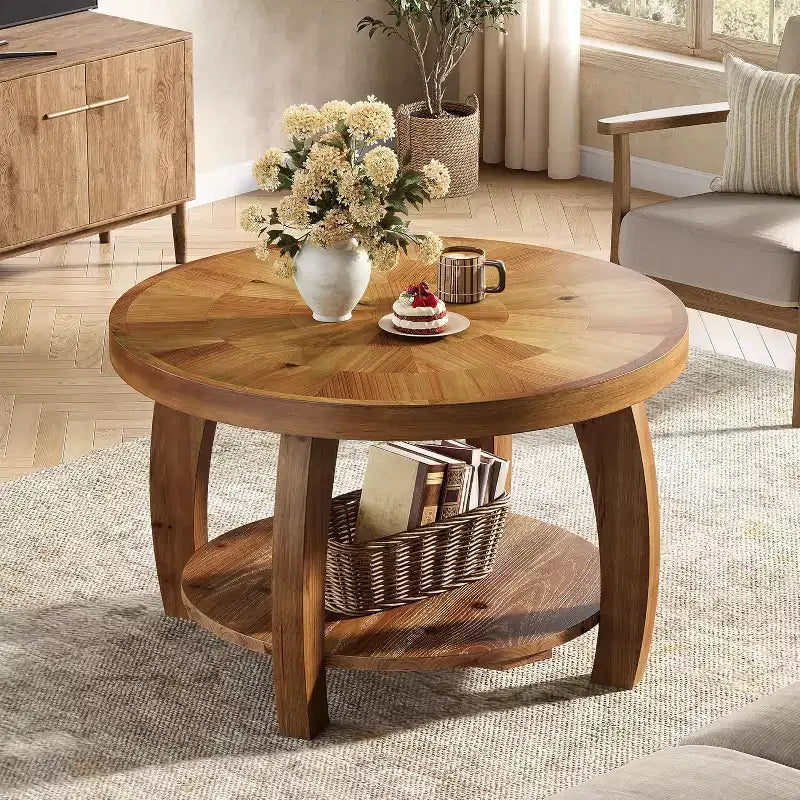 Lantine Solid Wood Round Coffee Table, 2-Tier Center Table with Storage, 31.5 Inch Tabletop with Mosaic Pattern, Easy Assembly, for Living Room, Brown
