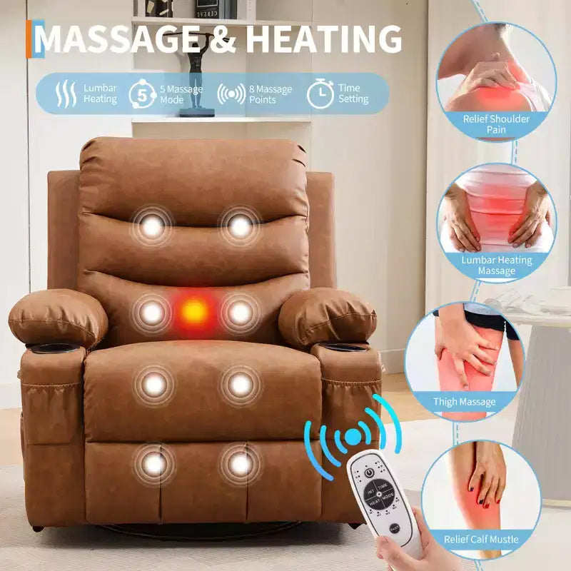 Oversized 360 Swivel Rocker Recliner with Massage & Heat - Ergonomic Lounge Chair with Cup Holders, Side Pockets for Living Room, Nursery