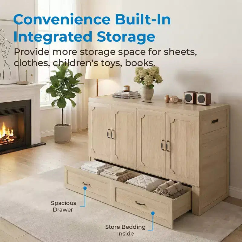 Mjkone Queen Size Convertible Murphy Cabinet Bed with USB Charging, Storage Drawers,No Mattress Included