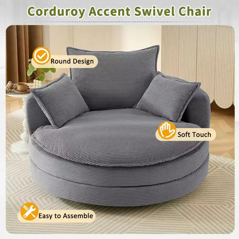 360 Swivel Accent Chair, Barrel Chair Swivel Round Sofa Chair with Cushion for Living Room