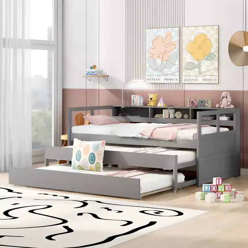 Whisen Twin XL Wood Daybed with 2 Trundles, 3 Storage Cubbies, 1 Light for Free and USB Charging Design