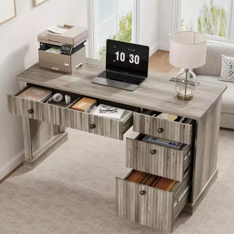 Fluted Home Office Desk Storage, 54 Modern Executive Desk with Charging Station, Wooden Computer Writing Desk with File Drawers for Study Room