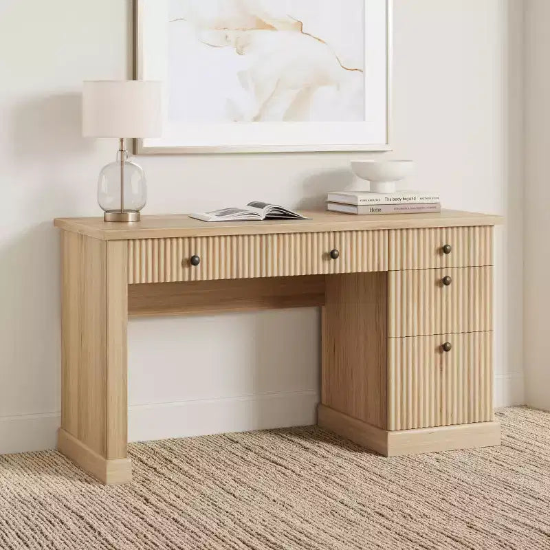 Fluted Home Office Desk Storage, 54 Modern Executive Desk with Charging Station, Wooden Computer Writing Desk with File Drawers for Study Room