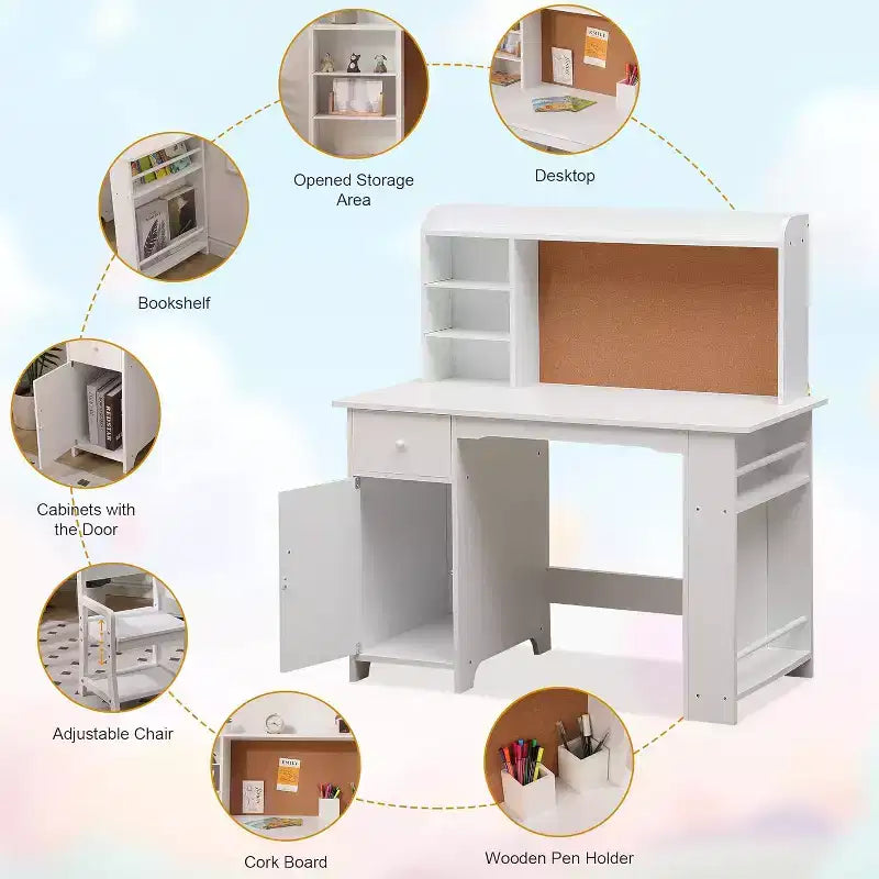 Kids Desk, Study Desk and Chair Set for Boys and Girl, Wooden Kids Writing Table with Bookshelf, Bulletin Board, Cabinet and Drawer for Ages 3-8