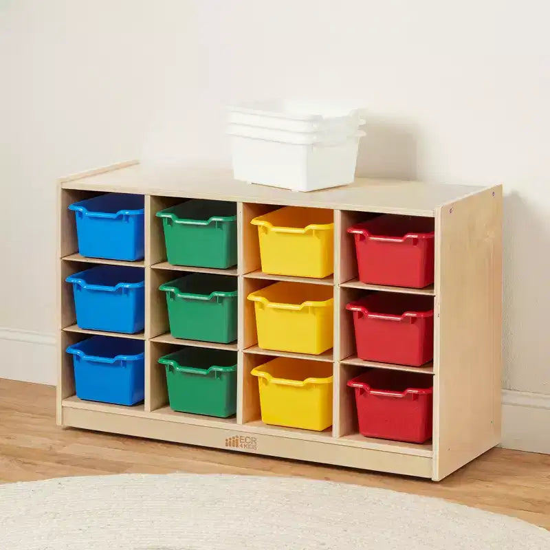 Cubby Mobile Tray Cabinet and 15 Scoop Front Bins, 3x4, Kids Furniture