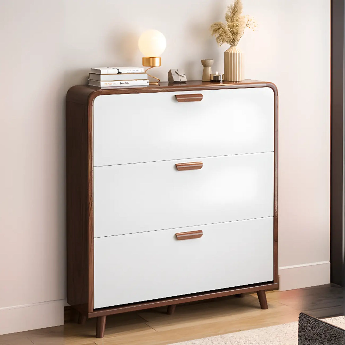 Traditional Hidden Adjustable 3 Tiers Solid Wood Shoe Cabinet