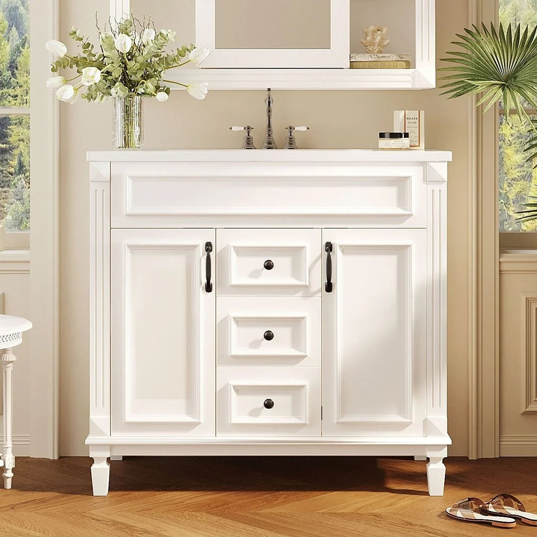 36'' Modern Bathroom Vanity with Top Sink and Mirror Cabinet,2 Doors and 2 Drawers