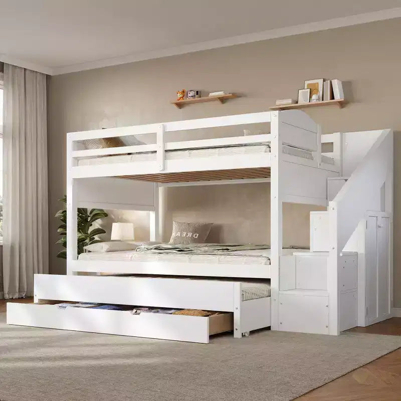 Whisen Twin XL Bunk Bed Frame with Trundle, Bunk Bed with Storage, Bunk Bed with Solid Wood, Storage Staircase, Wardrobe, 3Drawer, for Kids