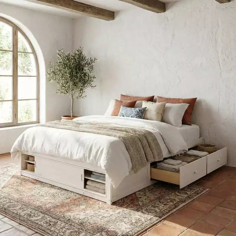 Whisen Queen Platform Bed Frame with 4 Storage Drawers and Footboard Storage