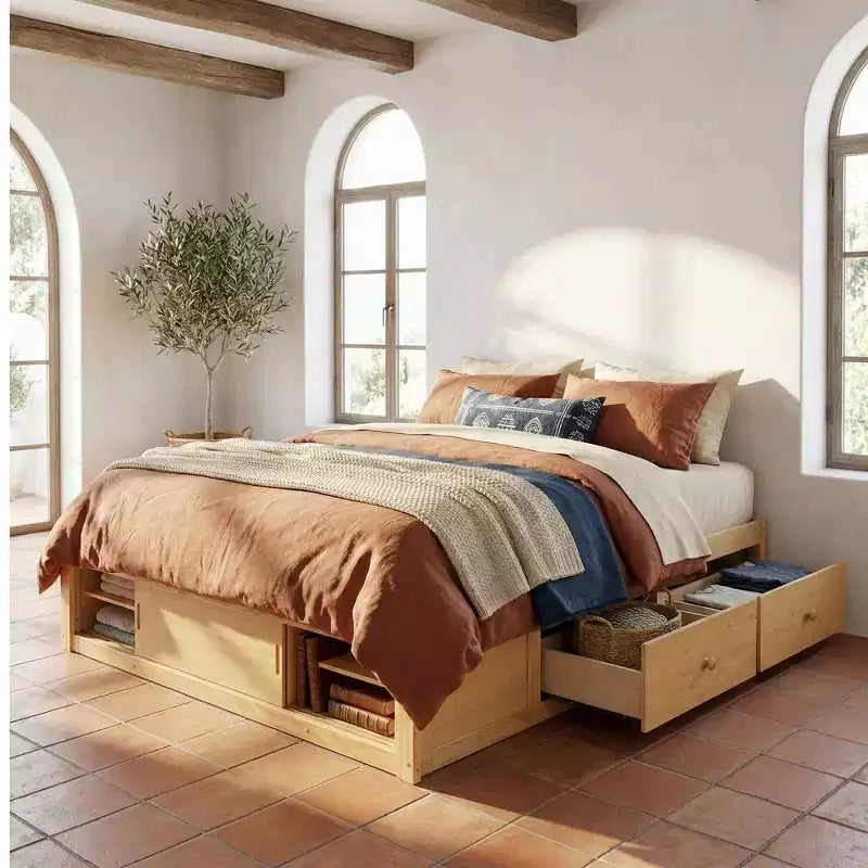Whisen Queen Platform Bed Frame with 4 Storage Drawers and Footboard Storage