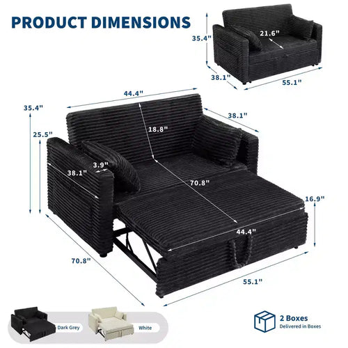 55 Convertible Loveseat Sleeper Sofa Bed with Pull-Out Footrest & Adjustable Backrest, Space-Saving Couch for Small Apartments