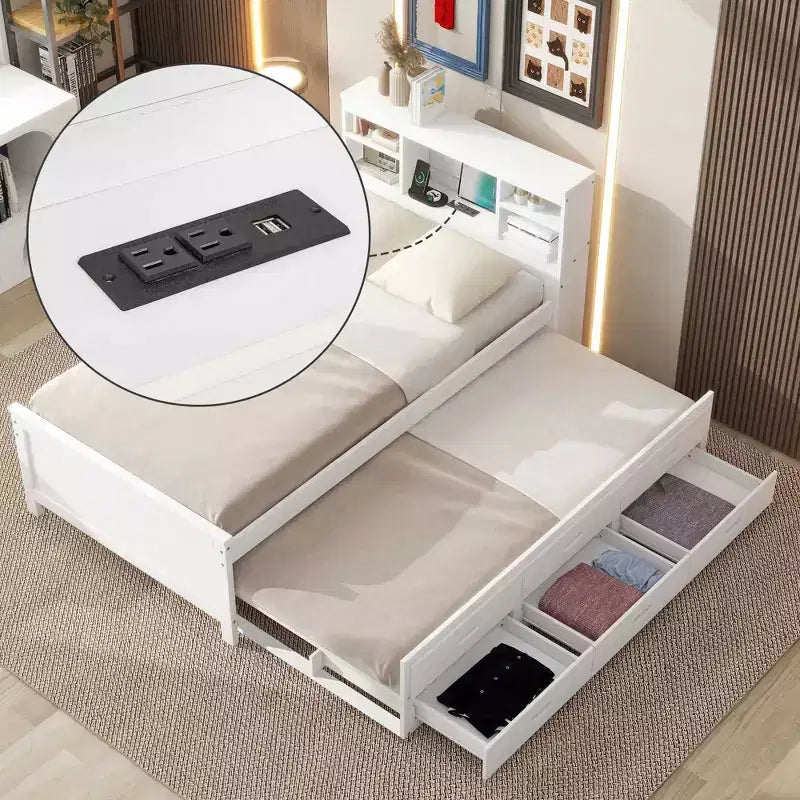 Platform Bed with Trundle and Drawers, Storage Platform Bed with USB, Wood Platform Bed with Bookcase