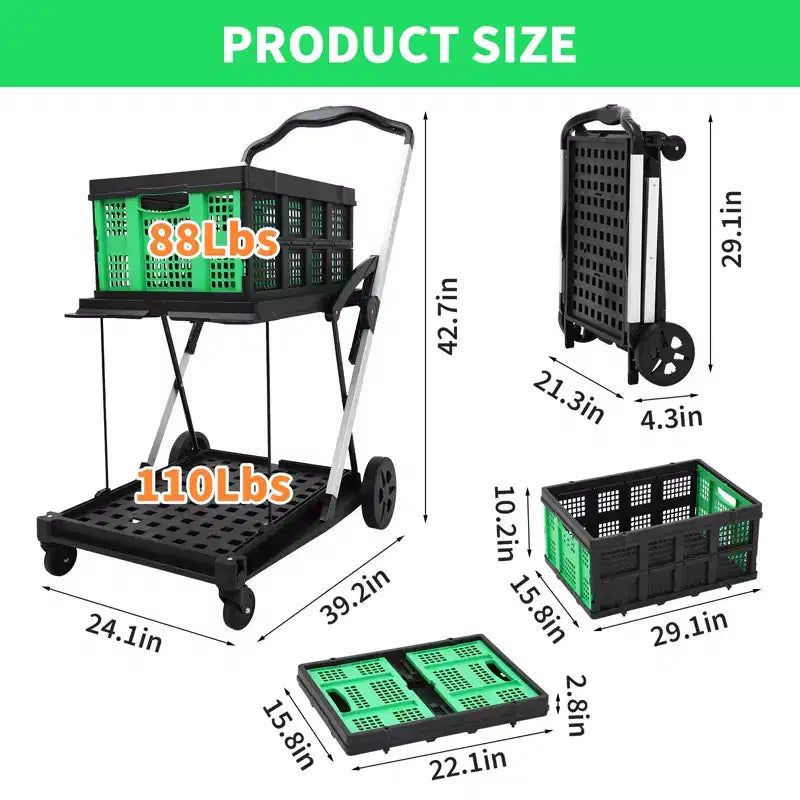 2 Tier Folding Shopping Carts for Groceries, 198 LB Capacity, Collapsible Portable Grocery Cart with Wheels & Removable Crate for Mall Market, Blue
