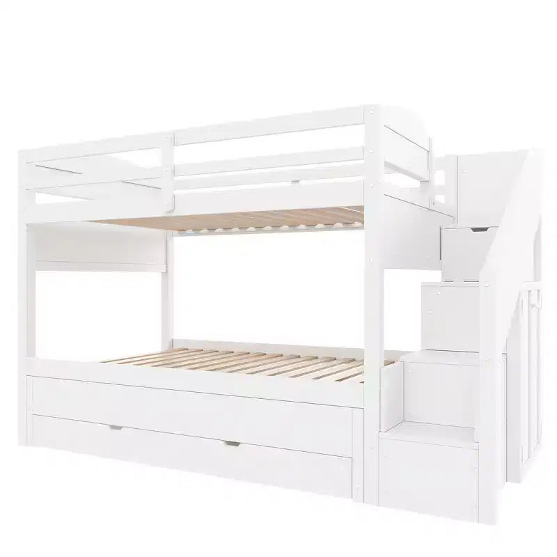 Whisen Twin XL Bunk Bed Frame with Trundle, Bunk Bed with Storage, Bunk Bed with Solid Wood, Storage Staircase, Wardrobe, 3Drawer, for Kids