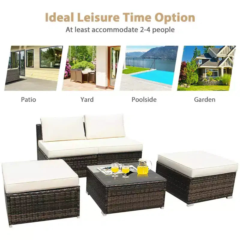 Costway 5PCS Patio Rattan Wicker Furniture Set Armless Sofa Ottoman Cushioned Garden