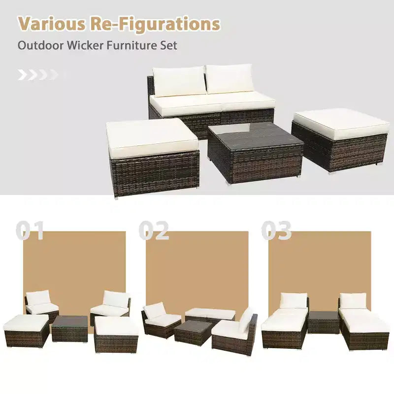 Costway 5PCS Patio Rattan Wicker Furniture Set Armless Sofa Ottoman Cushioned Garden