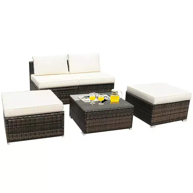 Costway 5PCS Patio Rattan Wicker Furniture Set Armless Sofa Ottoman Cushioned Garden