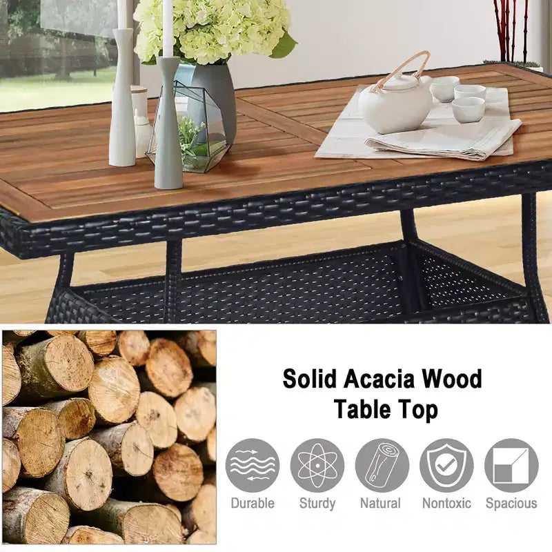Costway 5 PCS Patio Rattan Furniture Set Wood Top Table Cushioned Chairs Garden Yard Deck