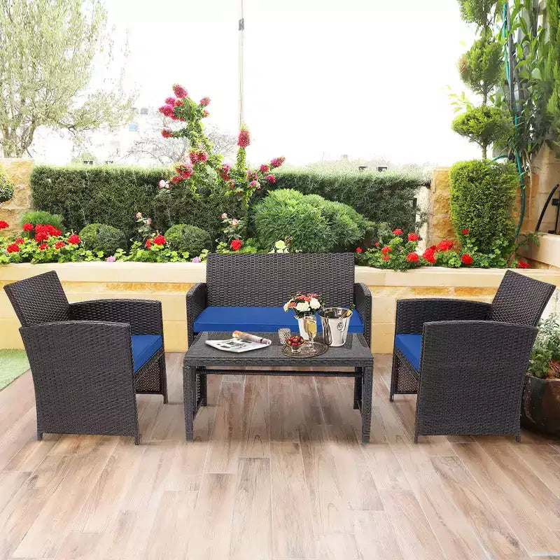 Costway 8PCS Patio Rattan Furniture Set Cushioned Chair Sofa Coffee Table White\Navy\Turquoise\Red